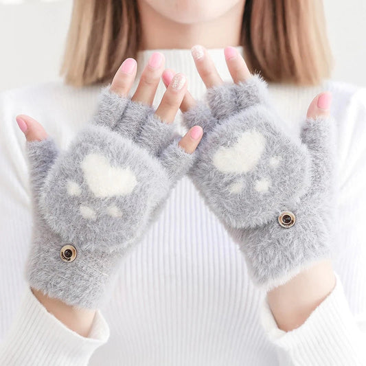 Warme Handschuhe Mit Katzenpfotenmuster Grau