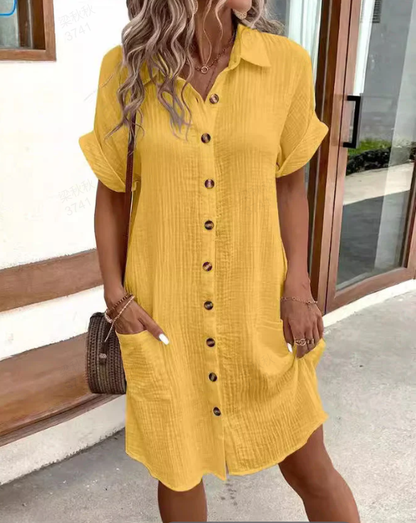 Geknöpftes Freizeithemdkleid mit kurzen Ärmeln und Taschen für Damen🔥🔥Letzte Tag Ereignis -48% Rabatt