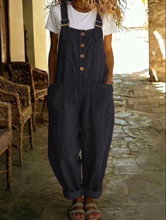👖JETZT 50 % RABATT! 🌿 Lässige Damen-Latzhose mit Knopfleiste – Verstellbare Träger, atmungsaktives Material & bequeme Passform
