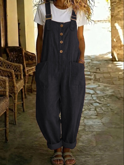 👖JETZT 50 % RABATT! 🌿 Lässige Damen-Latzhose mit Knopfleiste – Verstellbare Träger, atmungsaktives Material & bequeme Passform