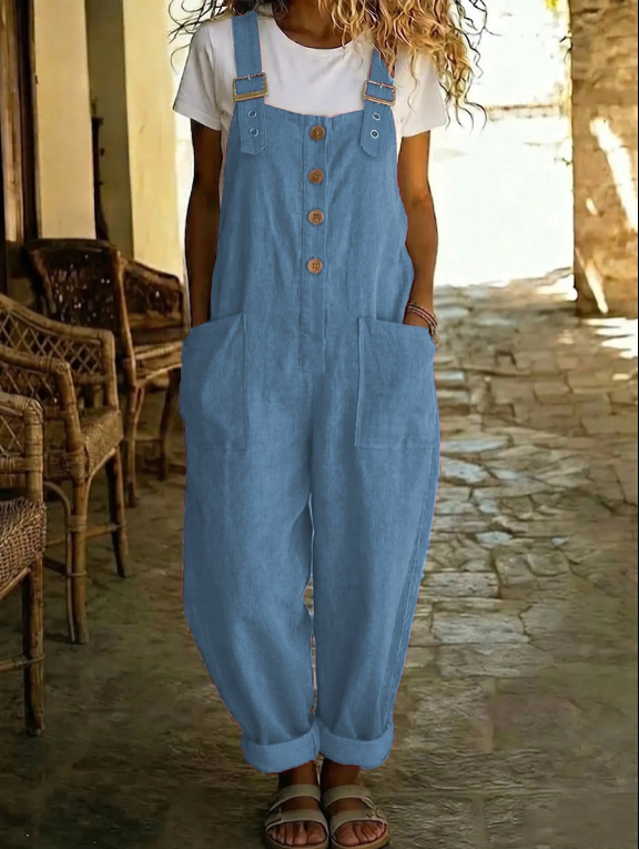 👖JETZT 50 % RABATT! 🌿 Lässige Damen-Latzhose mit Knopfleiste – Verstellbare Träger, atmungsaktives Material & bequeme Passform
