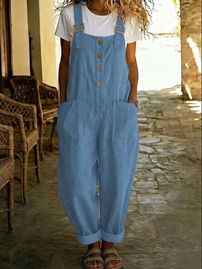 👖JETZT 50 % RABATT! 🌿 Lässige Damen-Latzhose mit Knopfleiste – Verstellbare Träger, atmungsaktives Material & bequeme Passform