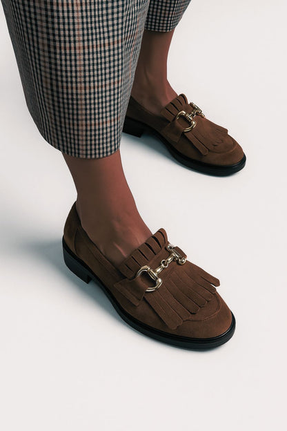 Brown suede metal buckle tassel slip-on loafers