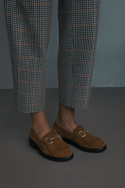 Brown suede metal buckle tassel slip-on loafers