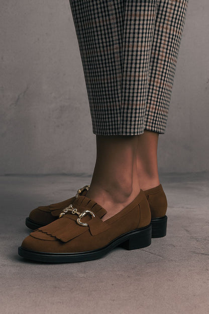 Brown suede metal buckle tassel slip-on loafers