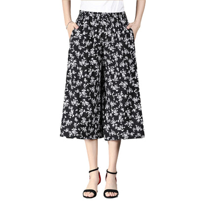 Damen-Culottes mit hoher, elastischer Taille und plissiertem, weitem Bein kleine Blumenblüten