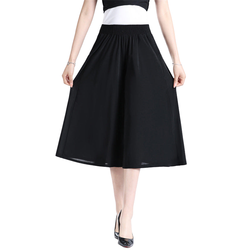 Damen-Culottes mit hoher, elastischer Taille und plissiertem, weitem Bein reines Schwarz