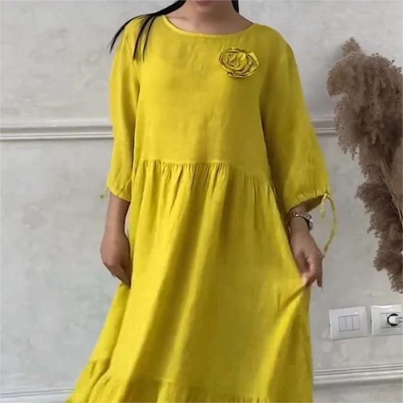 🌻49% Rabatt 🌦️Elegantes Kleid mit floralen Kordelärmeln in Uni-Farbe