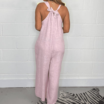 V-neck sleeveless wide leg jumpsuit with long pants