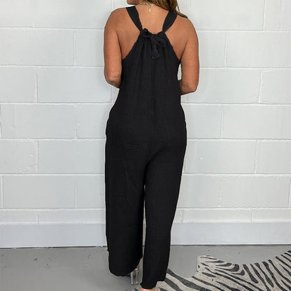 V-neck sleeveless wide leg jumpsuit with long pants