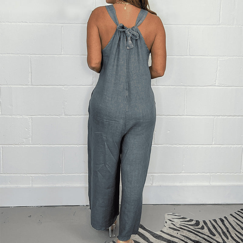 V-neck sleeveless wide leg jumpsuit with long pants