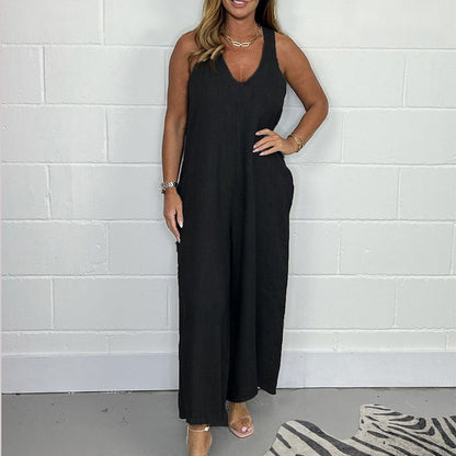 V-neck sleeveless wide leg jumpsuit with long pants