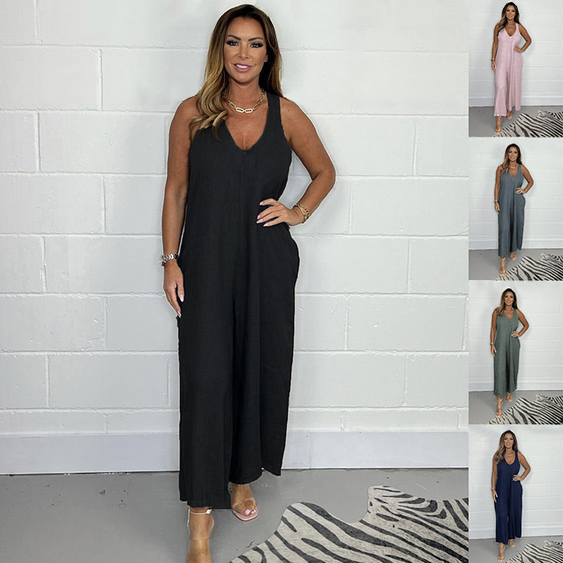 V-neck sleeveless wide leg jumpsuit with long pants