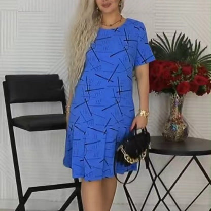 Damen Trendy Print Lose Passform Kurzärmeliges Plissee-Kleid