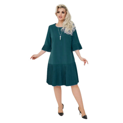 Solides Damen-Rundhals-Kleid mit halben Ärmeln und Plissee