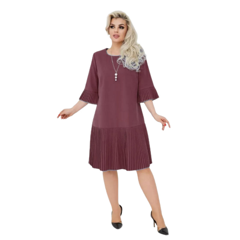 Solides Damen-Rundhals-Kleid mit halben Ärmeln und Plissee