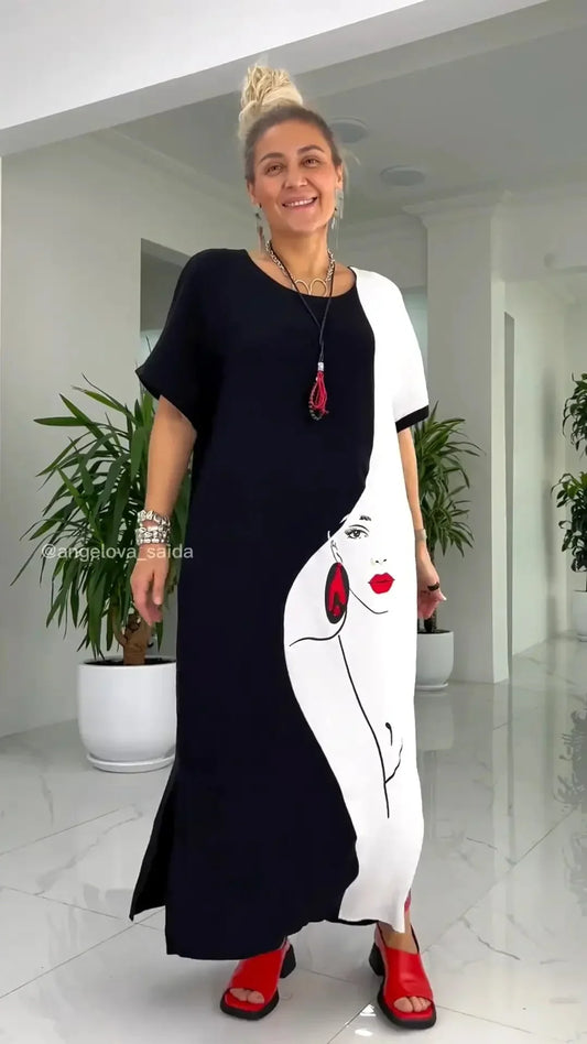 👗Beautiful loose maxi dress with abstract face print in black and white