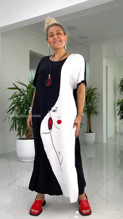 👗Belle robe longue ample avec imprimé visage abstrait en noir et blanc