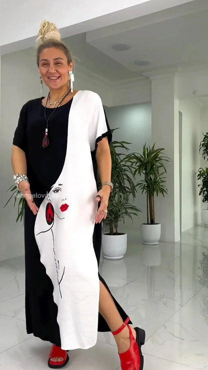 👗Belle robe longue ample avec imprimé visage abstrait en noir et blanc