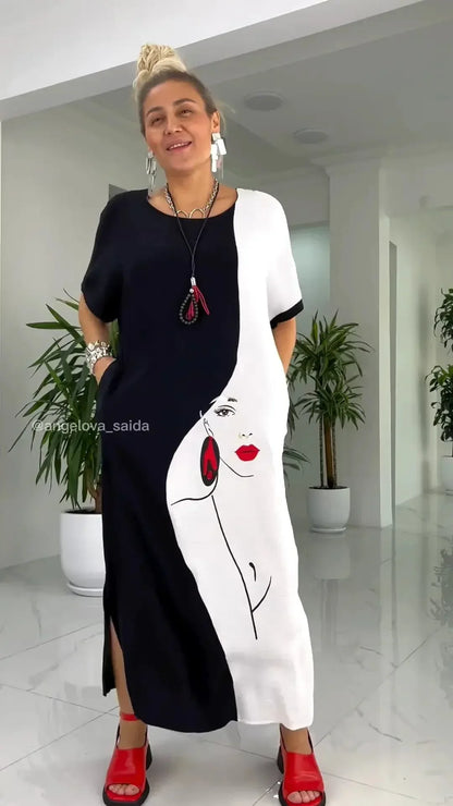 👗Belle robe longue ample avec imprimé visage abstrait en noir et blanc