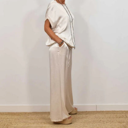 Damen Satin 2-teiliges Set: Kurzarm-Top und Hose【Kaufen Sie 2 versandkostenfrei】