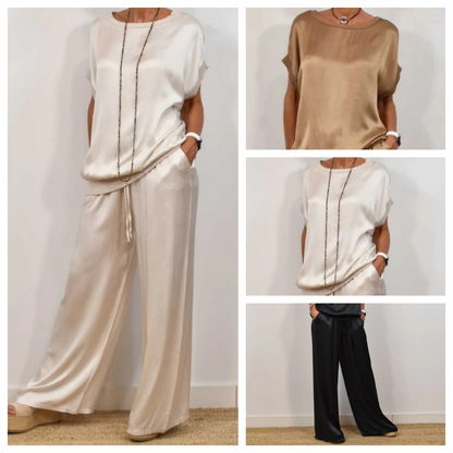 Damen Satin 2-teiliges Set: Kurzarm-Top und Hose【Kaufen Sie 2 versandkostenfrei】