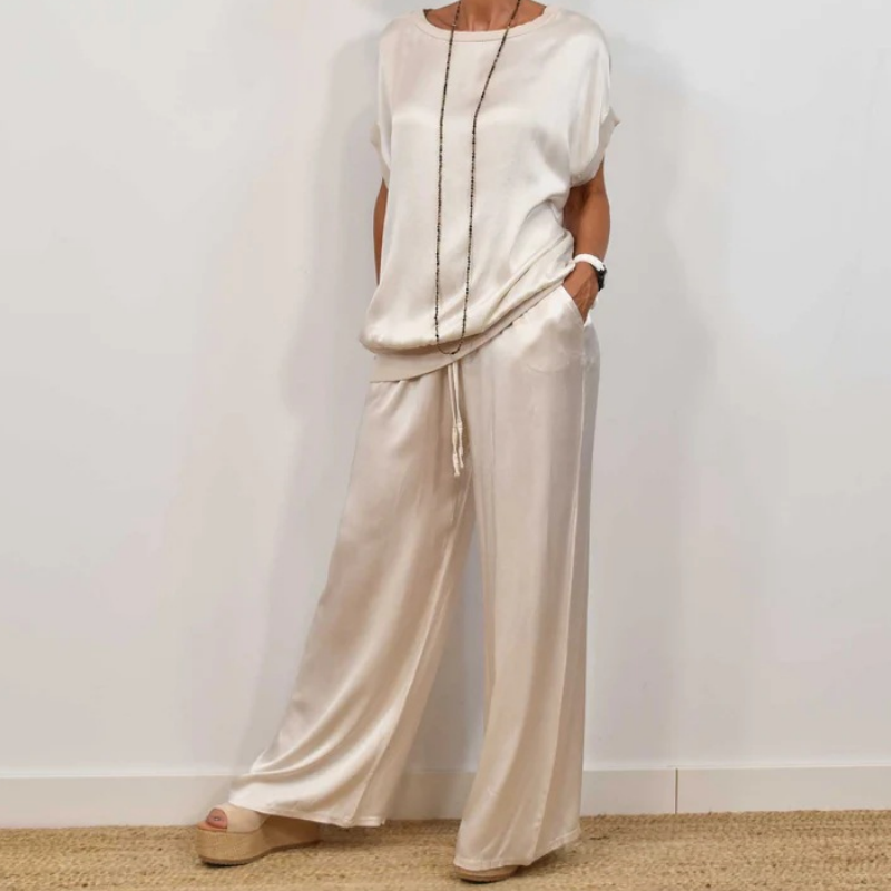 Damen Satin 2-teiliges Set: Kurzarm-Top und Hose【Kaufen Sie 2 versandkostenfrei】