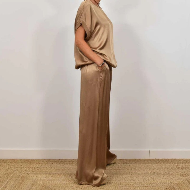 Damen Satin 2-teiliges Set: Kurzarm-Top und Hose【Kaufen Sie 2 versandkostenfrei】