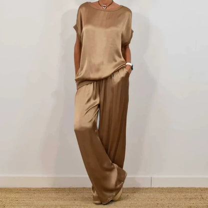 Damen Satin 2-teiliges Set: Kurzarm-Top und Hose【Kaufen Sie 2 versandkostenfrei】