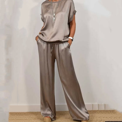 Damen Satin 2-teiliges Set: Kurzarm-Top und Hose【Kaufen Sie 2 versandkostenfrei】