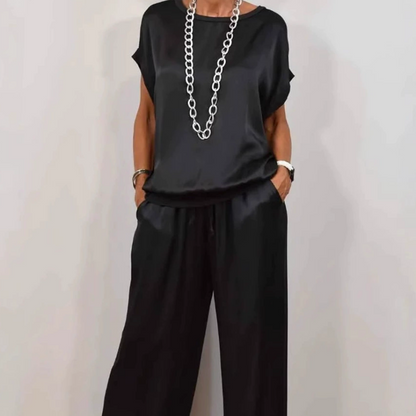 Damen Satin 2-teiliges Set: Kurzarm-Top und Hose【Kaufen Sie 2 versandkostenfrei】