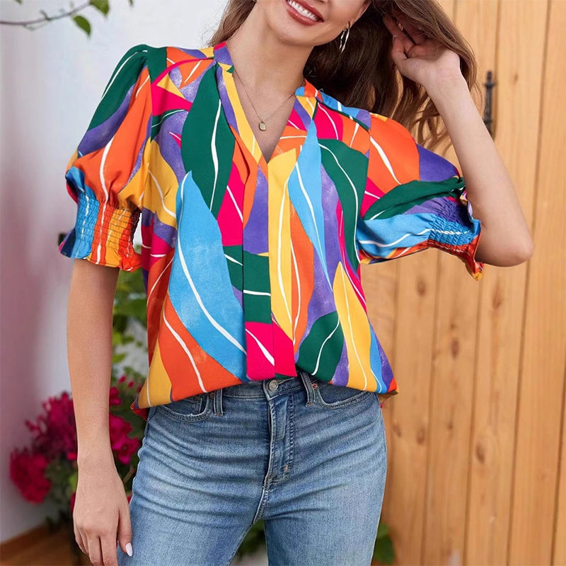 🌸 FLASH-SALE: 50% AUF BLUSEN! 👒 Damen Bluse mit Blumenmuster – Romantische Puffärmel & V-Ausschnitt 💃