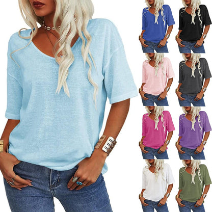 🔥Letzter Tag 63 % Rabatt🔥Einfarbiges Damen-T-Shirt mit V-Ausschnitt – 12 FARBEN