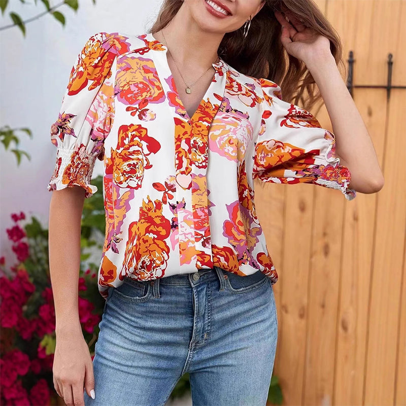 🌸 FLASH-SALE: 50% AUF BLUSEN! 👒 Damen Bluse mit Blumenmuster – Romantische Puffärmel & V-Ausschnitt 💃