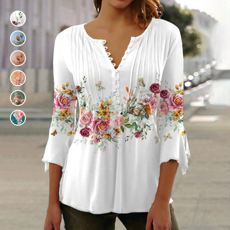 🌸💐2026 Mode neue Blumen gedruckt V-Ausschnitt plissiert Knopf T-Shirt unten Shirt