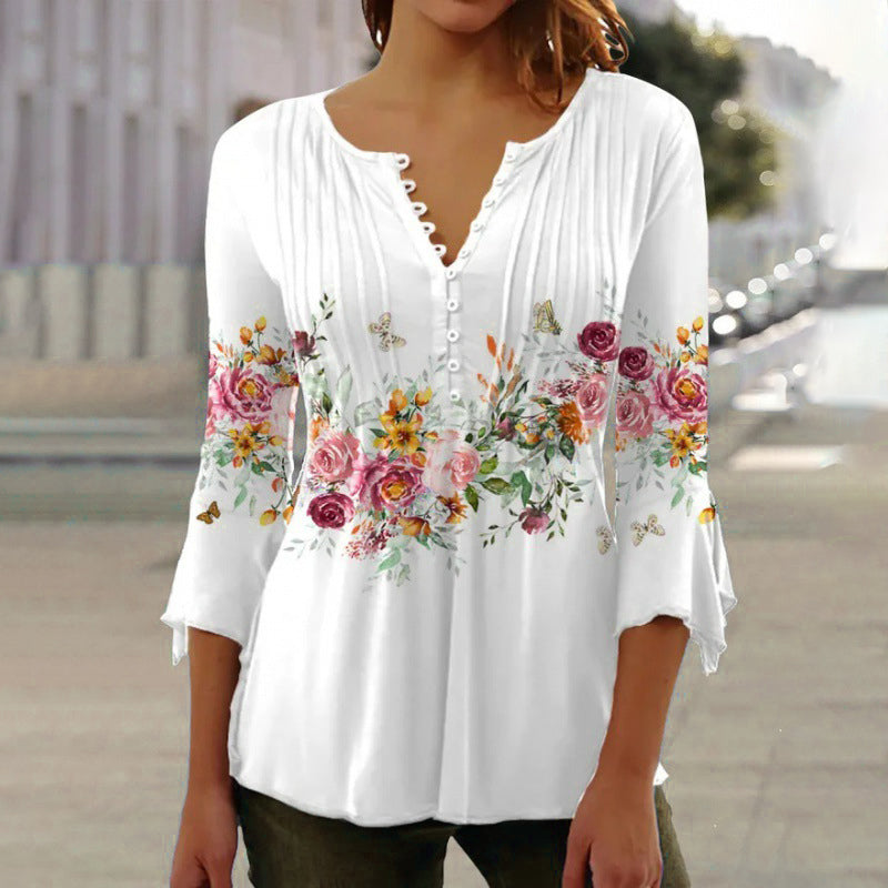 🌸💐2026 Mode neue Blumen gedruckt V-Ausschnitt plissiert Knopf T-Shirt unten Shirt
