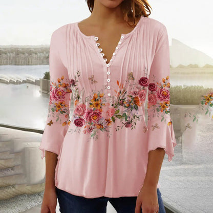 🌸💐2026 Mode neue Blumen gedruckt V-Ausschnitt plissiert Knopf T-Shirt unten Shirt
