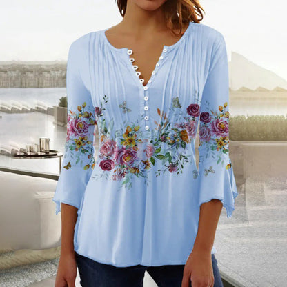 🌸💐2026 Mode neue Blumen gedruckt V-Ausschnitt plissiert Knopf T-Shirt unten Shirt