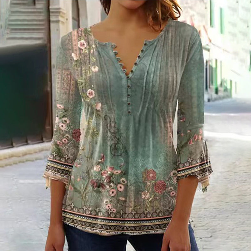 🌸💐2026 Mode neue Blumen gedruckt V-Ausschnitt plissiert Knopf T-Shirt unten Shirt