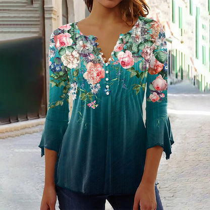 🌸💐2026 Mode neue Blumen gedruckt V-Ausschnitt plissiert Knopf T-Shirt unten Shirt