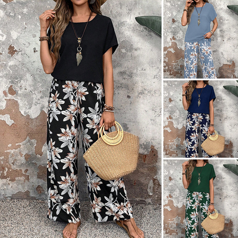 ⏳Begrenzte Zeit 50% Rabatt💥Lässiges Damen-Set mit weiten Hosen und kurzärmligem Oberteil mit Blumenmuster