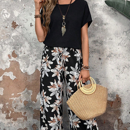 ⏳Begrenzte Zeit 50% Rabatt💥Lässiges Damen-Set mit weiten Hosen und kurzärmligem Oberteil mit Blumenmuster