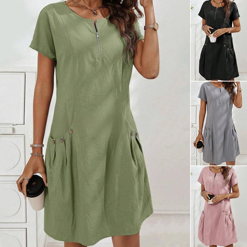 🔥 50% Rabatt für kurze Zeit! 👗Damen Halbreißverschluss-Kleid mit Knopf & Taschen – tailliert & figurschmeichelnd, in 6 Farben, perfekt für Büro & Alltag ✨