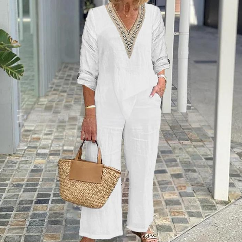 Damen-Zweiteiler: Bluse mit V-Ausschnitt & weite Hose