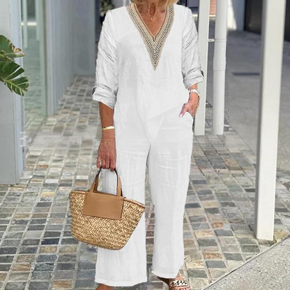 Damen-Zweiteiler: Bluse mit V-Ausschnitt & weite Hose