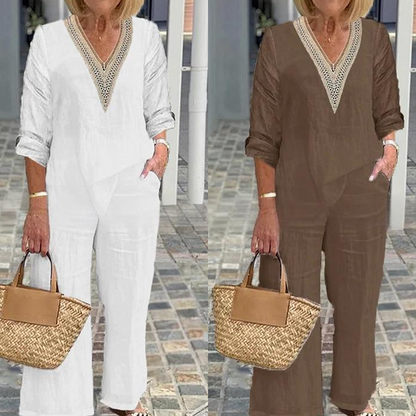 Damen-Zweiteiler: Bluse mit V-Ausschnitt & weite Hose