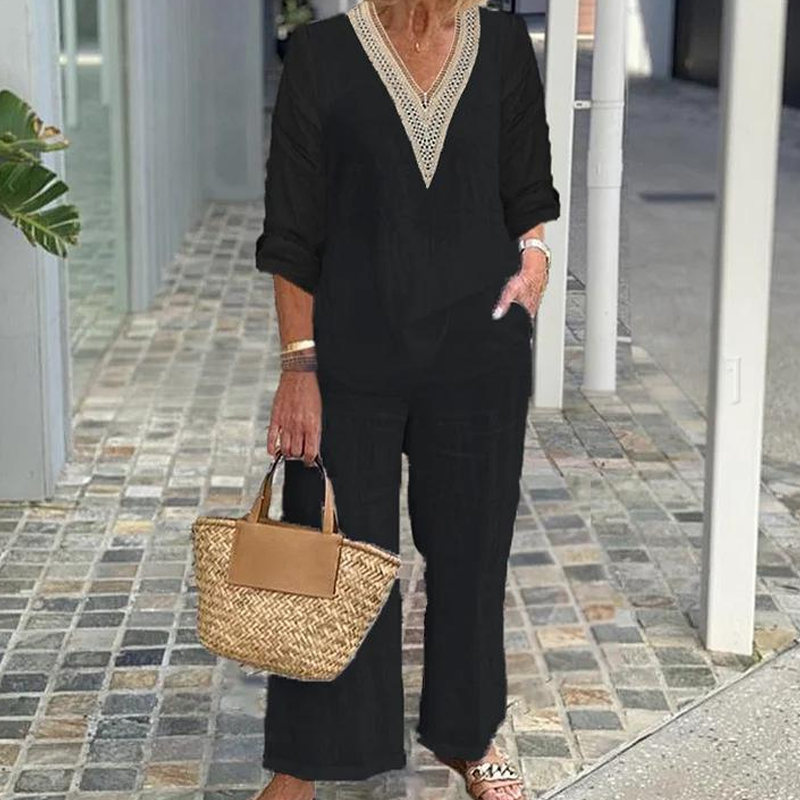 Damen-Zweiteiler: Bluse mit V-Ausschnitt & weite Hose