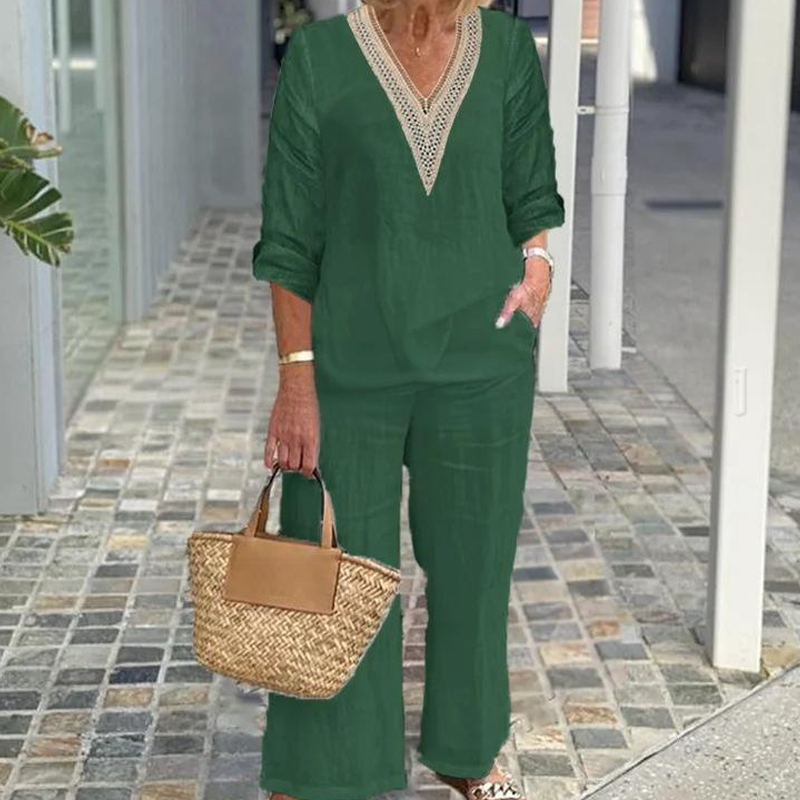 Damen-Zweiteiler: Bluse mit V-Ausschnitt & weite Hose