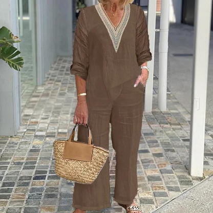 Damen-Zweiteiler: Bluse mit V-Ausschnitt & weite Hose