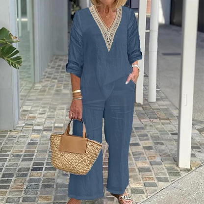 Damen-Zweiteiler: Bluse mit V-Ausschnitt & weite Hose